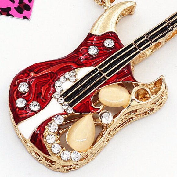Music Lovers! Electric GUITAR Red & White Enamel & Rhinestone Pendant Necklace - Picture 3 of 8